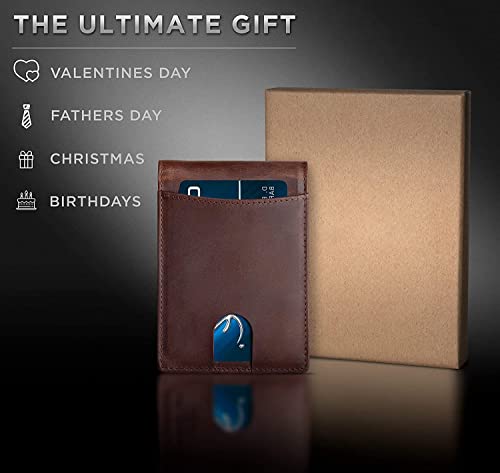 Contacts Genuine Leather Money Clip Wallet Slim Front Pocket RFID Blocking Card Holder Minimalist Mini Bifold for Men's with Smart Pull Strap 8 Card Slots Photo ID (Brown) 6 41Kk4RPbYoL
