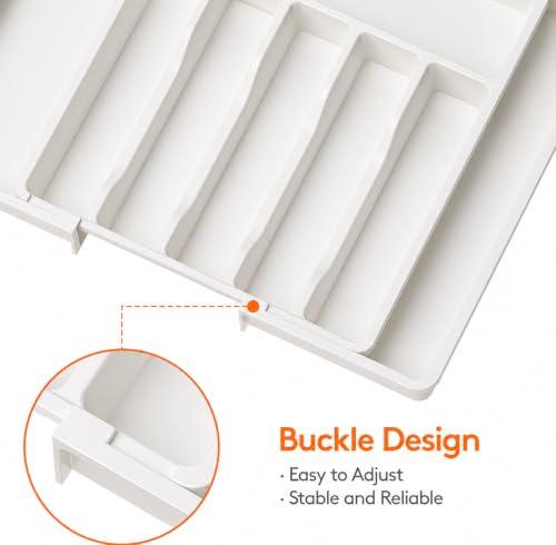 Image of Large Silverware Drawer Organizer, Expandable Utensil Tray for Kitchen, BPA Free Flatware and Cutlery Holder, Adjustable Plastic Storage for Spoons Forks Knives, White, Pack of 2