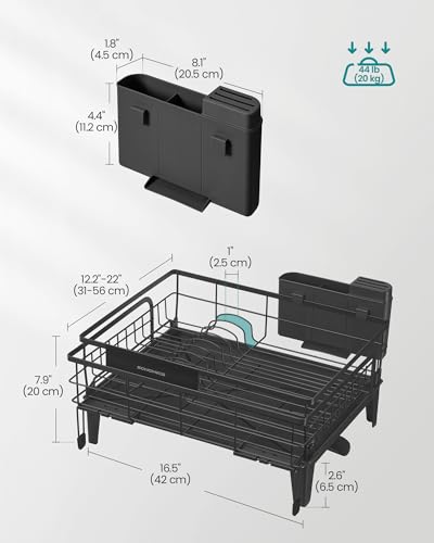 Image of SONGMICS Dish Drying Rack, Kitchen Dish Rack with Drainboard, 360 Rotatable and Extendable Spout, with Cutlery Holder, (12.2-22) x 16.5 x 7.9 Inches, Ink Black UKCS552B01