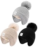 Alepo 3 Pack Baby Winter Hats with Earflaps, 2 Size Kids Pom Pom Beanie with Warm Fleece Lined for Infant Toddler Children, Cute Smiley Face Knit Beanie Hats for Girls Boys-06