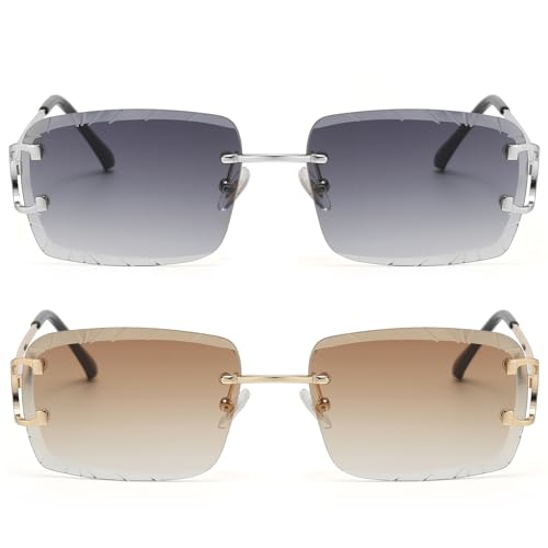 Image of Retro Rimless Rectangle Sunglasses for Men Women Luxury Frameless Square Trendy Shade Diamond Cutting Eyewear