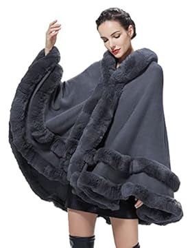 BEAUTELICATE Poncho Mantella Lavorato a Maglia con Cappuccio in Pelliccia Sintetica Scialle Stola Cappotto Cardigan Donna per Matrimonio Invernale Festa (Grigio Scuro, Taglia Unica)