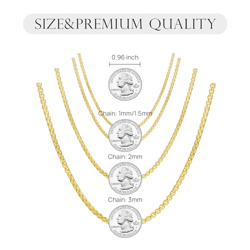Dacc & Aya Authentic 925 Sterling Silver Round Box Chain 1/1.5/2/3 mm Round Box with Lobster Clasp Silver/14K Yellow Gold Plated Necklace Chain Diamond Cut 16-26 Inches2
