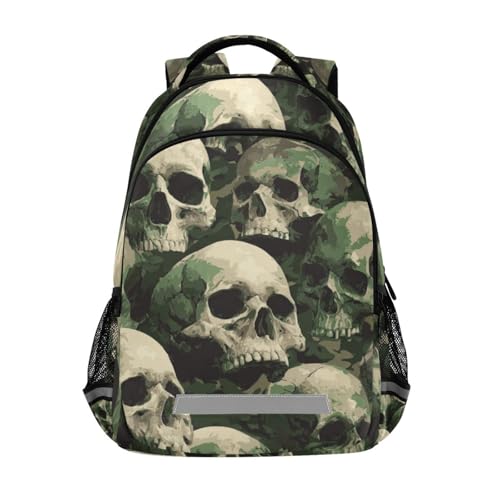 Green Skull Kid's Elementary Middle School Backpack for Son Daughter, Age 6-12 Back to School Backpack Bookbag Schoolbag for Boys Girls