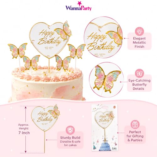 Image of Wanna Party Happy Birthday Cake Topper with Multicolor Butterflies, 5 Pcs Butterfly Cake Decoration Set for Birthday Cake, Cupcake, Dessert Table, Party Decor & Celebration Supplies