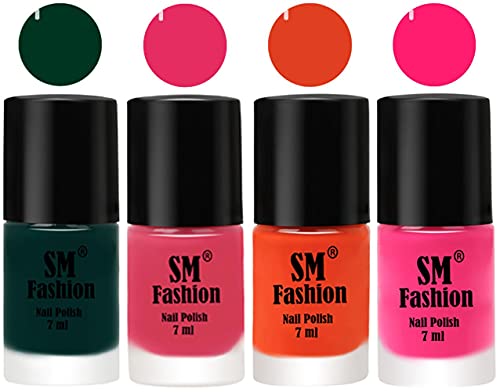 Image of Nail Polish Combo Set (Pack of 4) Quick Dry Gel Finish Nail Paint | Dark Green,Dark Rose Pink,Reddish Orange ,Deep Pink | 7 ml Each