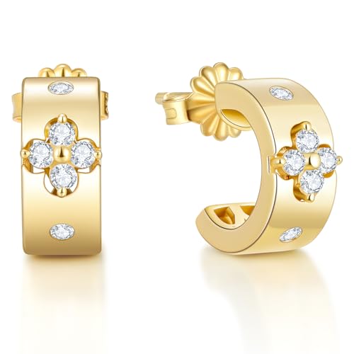 Premium Emerald&Moissanite Clover Hoop Earrings for Women Gifts Nickel Free|D Color VVS1 Clarity 3EX Cut|S925 Sterling Silver 18K Gold Plated Non Tarnish