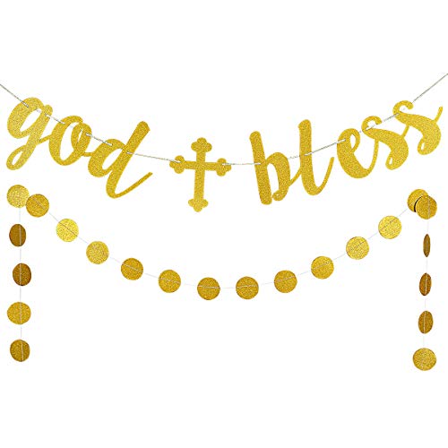 Gold Glittery God Bless Banner and Gold Glittery Circle Dots Garland (25pcs circle dots) -Baptism Banner,Communion Party Banner,Baptism Decorations for Wedding, First Communion