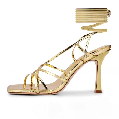 Image of ISNOM Lace Up Heels Sandals for Women - Square Open Toe, Stiletto High Heel | Tie up Thong Heels, Wrap Around Strappy Heels, Non-Slip Sole, 3.94 inch Stable Heel, Comfy and Stylish for Date Party Daily Wear