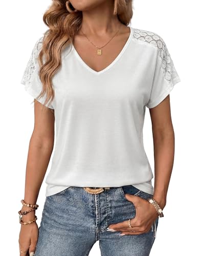 Aottori Tee Shirt Femme Manches Courtes Col en V Chemisier Été Chic et Élégant T Shirt Fines Ample Top Extensible Léger Haut avec Ajouré Décontracté...
