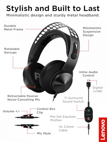 Image of Lenovo Legion H500 PRO 7.1 Surround Sound Gaming Headset, Noise-Cancelling Mic, Memory Foam & PU Leather Earcups, Stainless Steel Headband, PC, PS4, Xbox One, Nintendo Switch, GXD0T69864, Black