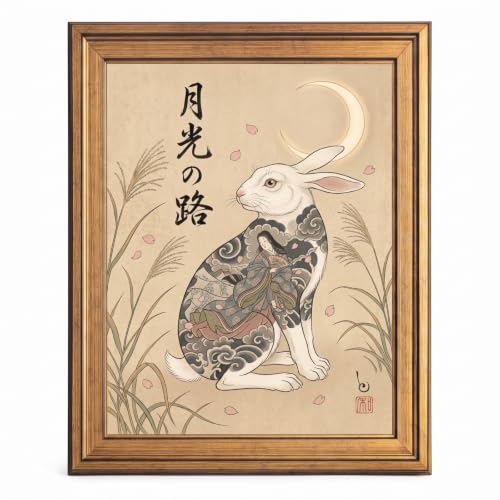 Framed Canvas Wall Art Japanese Ukiyo-e White Hare Moonlit Beige Washi Paper Canvas Print Poster Gold Frame Wall Decor for Living Room Bedroom Animal Print, Oriental Art - Inch 12x16