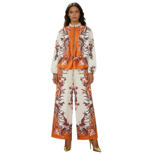 Generisch Chándal de dos piezas para mujer, trajes de verano, chaqueta de béisbol moderna con estampado floral 3D y cordón, pantalones de ocio, para fiestas, viajes, oficina, pantalones, naranja, XXXL