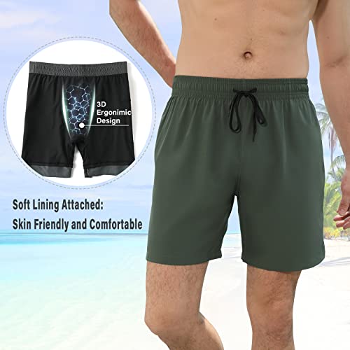 Meriabny Mens Swim Trunks With Boxer Brief Liner Mens Chubby Swimsuit Army Green Big And Tall Board Surf Shorts For Beach #TOP2