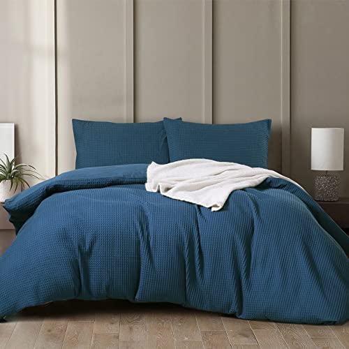 Simple&Opulence Juego de ropa de cama de 100% algodón, diseño de gofres, suave y transpirable, para cualquier época del año, con funda de almohada de 65 x 65 cm (200 x 200 cm, color azul marino) Cover