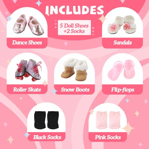 18 inch Doll Accessories, 5 Pairs of Doll Shoes+2 Socks 18&rdquo; Doll Shoes Includes Snow Boots/Roller Skates/Sandals/Flip-Flops/Dance Shoes/Pink/Black Socks for American Doll Boy or Girl Dolls