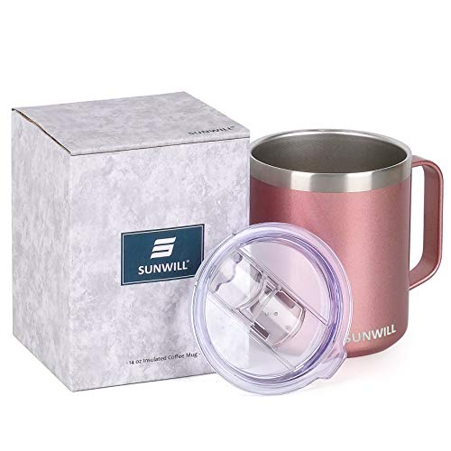 Sunwill Coffee Mug With Handle, 14Oz Insulated Stainless Steel Coffee Travel Mug, Double Wall Vacuum Reusable Coffee Cup With Lid, Rose Gold #TOP4