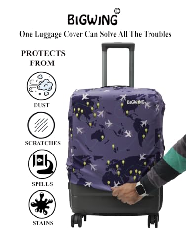 Image of BIGWING Protective Cover in Polyester Fabric with Map Print for | 20 inch 55 cm Small Size | Hard Luggage Trolley Bag Cover (Fits Only On Fiber - Plastic Trolley Bag) Purple Color