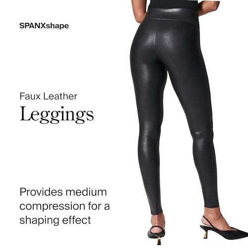 SPANXshape Faux Leather Leggings - Tummy Control Legging - with Contoured Power Waistband Stomach Compression - High Waist - Black - Petite 28' Inseam - Large