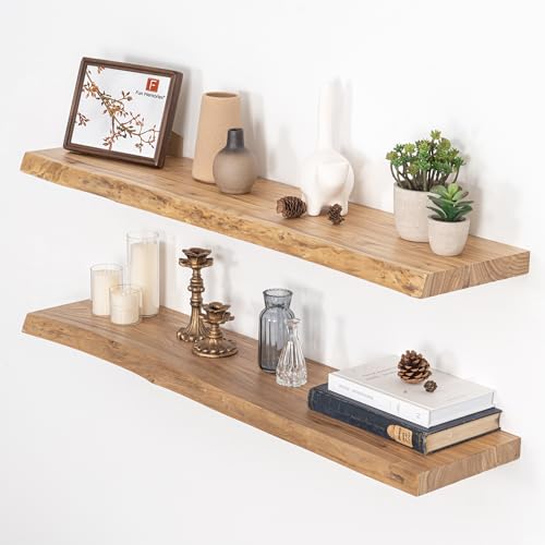 Image of Floating Shelves for Wall, Live Edge 40 inchW x 9.3 inchD x 1.5 inchH Wood Floating Shelf, Set of 2 with Invisible Heavy-Duty Metal Bracket, Deep Floating Shelf for Living Room Kitchen, Natural Finish