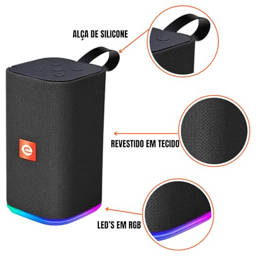 Caixa de Som Portátil Bluetooth com LED RGB, Rádio FM e Conexões USB (preto)