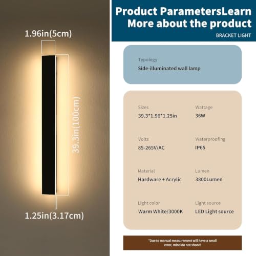 Image of 2 Pack 39.3inch Exterior Wall Light Fixture, Long Outdoor Modern Led Wall Light, 3000K Warm White, 36W, IP65 Waterproof Linear Outside Porch Lighting for House, Garage, Fence, Garden