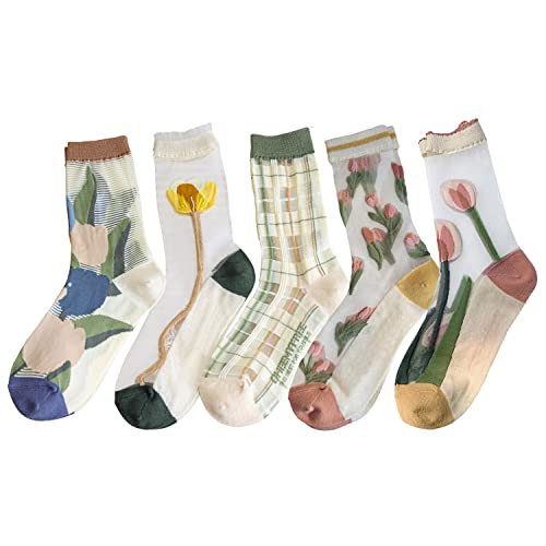 zrylibya Womens Sheer Socks Transparent Thin Mesh Lace Elastic Crew Socks See Through Jacquard Crystal Nylon Socks