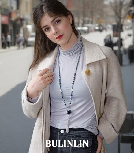 BULINLIN Boho Beaded Long Necklaces for Women Chunky Bead Pendant Necklace with Crystal Tassel Costume Jewelry Gifts for Her3