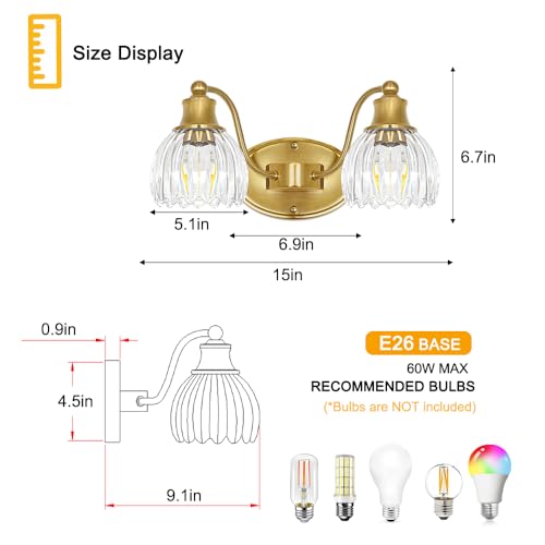 Image of Vintage Bathroom Vanity Light Fixture Over Mirror, 2-Light Brushed Gold Bathroom Wall Sconce with Clear Glass Shades, Antique 15in Gold Vanity Lighting for Bathroom, Farmhouse, Hallway, Dressing Room