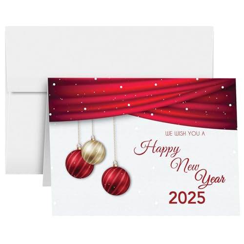 2025 Happy New Year Cards and Envelopes | Elegant Red Christmas, Xmas, Happy Holidays, New Year’s Eve Greeting Cards Set – 25 Half Fold Cards and 25 A7 Envelopes – 5 x 7 inches (A7 Size)