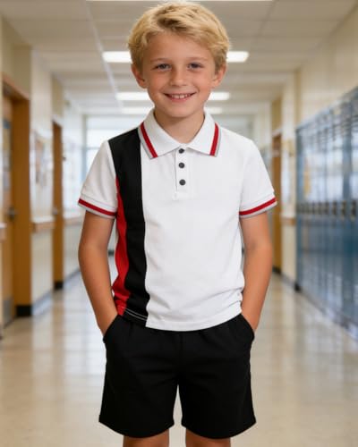 Image of Boys 2 Piece Outfits Short Sleeve Basketball Pattern T-Shirt and Shorts Summer Clothes for Kids 5-12 Years