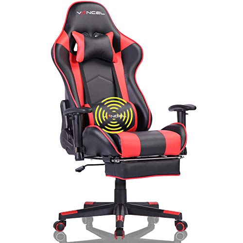 Gaming Chair Office Desk Chair High Back Computer Chair Ergonomic Adjustable Racing Chair Executive PC Chair with Headrest,Massager Lumbar Support & Retractible Footrest (Red)