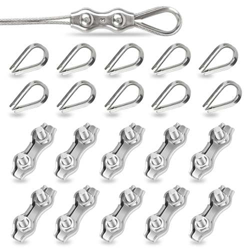 20 Stück Duplex Drahtseilklemme 3mm Und Kauschen 3mm, M3 Seilklemmen aus 304 Edelstahl, Drahtseilklemmen Robust Gefertigt Seilverbinder für Drahtseil 3mm, Takelage, Wäscheleine, Stahlseil