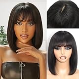 REMESSE Short Straight Bob Wig with Bangs Human Hair Glueless 180% Density Middle Part Upgraded 2x1 Realistic Scalp Lace Wigs Natural Black Bob Wig Human Hair With Bangs for Women 14 Inch