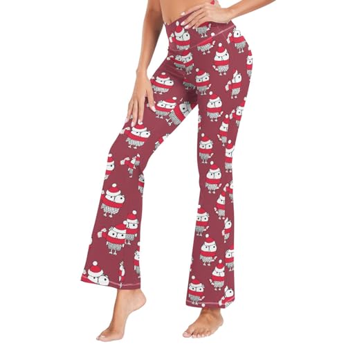 Dallonan Flare Yoga Pants Women Leggings High Waisted Pants Funny Owls Christmas on Red X-Large