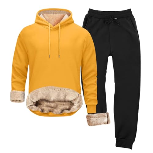 Mens Sweatsuit Sherpa Lined 2 Piece Hooded Sweatshirts Set Pullover Tops Fleece Sweatpants Winter Thermal Tracksuits