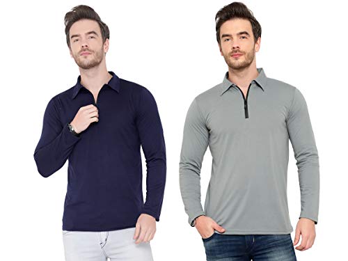 Image of Men's Cotton Blend Full Sleeve Zip Neck Polo T-Shirt (Pack of 1)