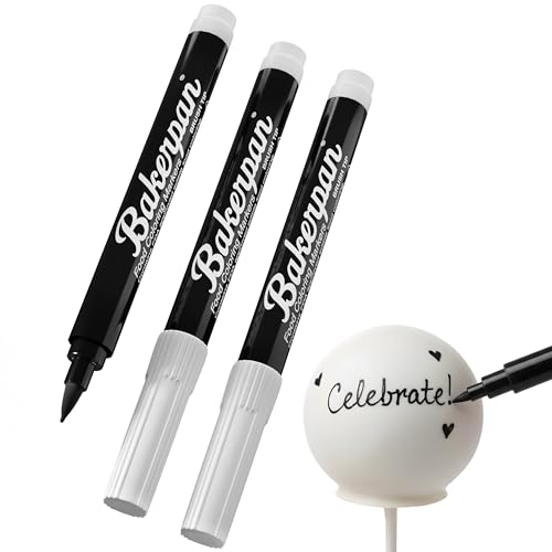 Bakerpan Food Coloring Markers, Brush Tip Black Edible Markers for Writing on Cake Pops and Candy Melts, Cake Decorating - Set of 3 (Made in USA)