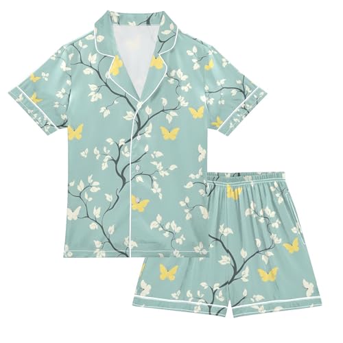 senya Leaves Green Butterflies Satin Summer Pajama Sets Silk Short Sleeve Button Down Sleepwear