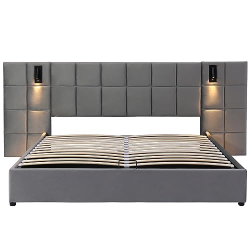 Merax Polsterbett 160x200cm mit Leselicht und USB-Aufladung, Doppelbett mit Lattenrost und Kopfteil, Funktionsbett mit Stauraum für Erwachsene & Jugend, Samtstoff, Grau (Ohne Matratze & Nachttisch) – Bild 6