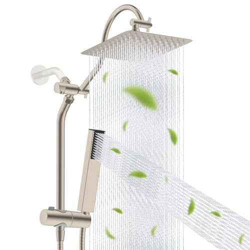 Hibbent cUPC Certified High Pressure 10'' Rainfall Shower Head, Showerhead Combo with 4-mode Handheld Spray, 12'' Adjustable Extension Arm, Extension Bar, Easy Reach Holder, 71'' Hose, Brush