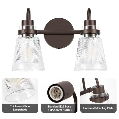 Image of 2-Light Bathroom Vanity Light, 13.8 Inch Farmhouse Bathroom Light Fixtures with Clear Striped Glass Shade, Oil Rubbed Bronze Wall Sconce Lighting Over Mirror for Bedroom Hallway Cabinet