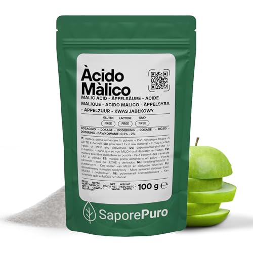 SaporePuro Ácido Málico en Polvo 100 g | Alta Solubilidad y Sabor Ácido | Ideal para Bebidas, Postres y Suplementos | Calidad Alimentaria | Sin Gluten