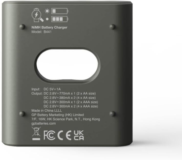 Handapeun view of GP B441 Battery Charger showing input/output specifications and certifications