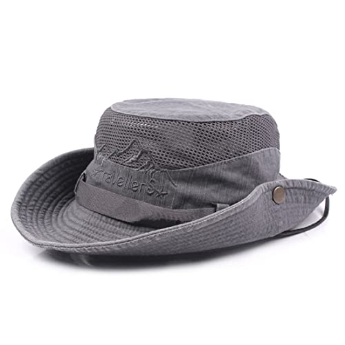 KeepSa Sun Hat Men Women Cotton Foldable Summer Anti UV Outdoor Bucket Hat Travel Hat Safari Cap with Breathable Mesh and Adjustable Chin Strap, Grey, 58-61