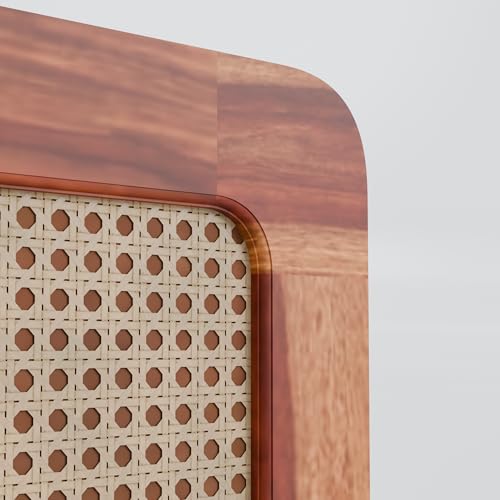 Image of DRIFTINGWOOD Amber Solid Sheesham Wood King Size Bed with Box Storage | Rattan Cane Headboard & Footboard | Carved Edges | Honey Finish (Self Assembly Required)