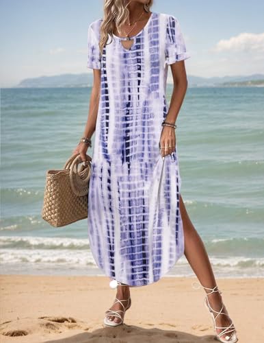 Image of Zeagoo Womens Maxi Summer Dress with Pockets Casual Short Sleeve Sundress Trendy 2026 Curve Hem Long Dress