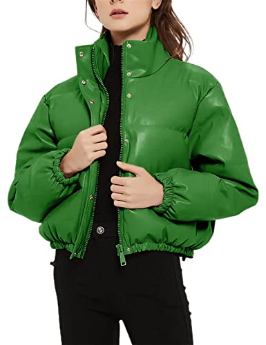 Tanming Womens Faux Leather Puffer Jacket Winter Long Sleeve Black Short Bubble Coat (Green-S)