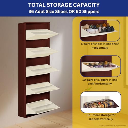 Image of DELITE KOM 24 inch Wide, 10 Shelf Metal Shoe Rack Wall Mounted for Home with Central Lock Holds Upto 30 Shoes or 50 Slippers Pair | Double Decker, 1 Yr Warranty, (67x24x8, Coffee Ivory), DIY, Space Saver