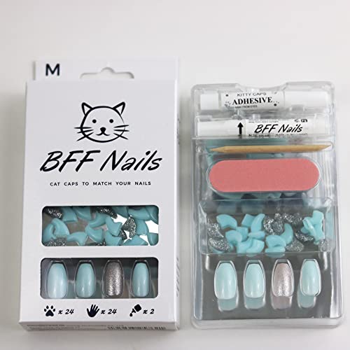 Image of Cat Nail Caps for Cats with Matching Acrylic Press-On Nails for Humans (Large, Light Blue with Silver Accent)